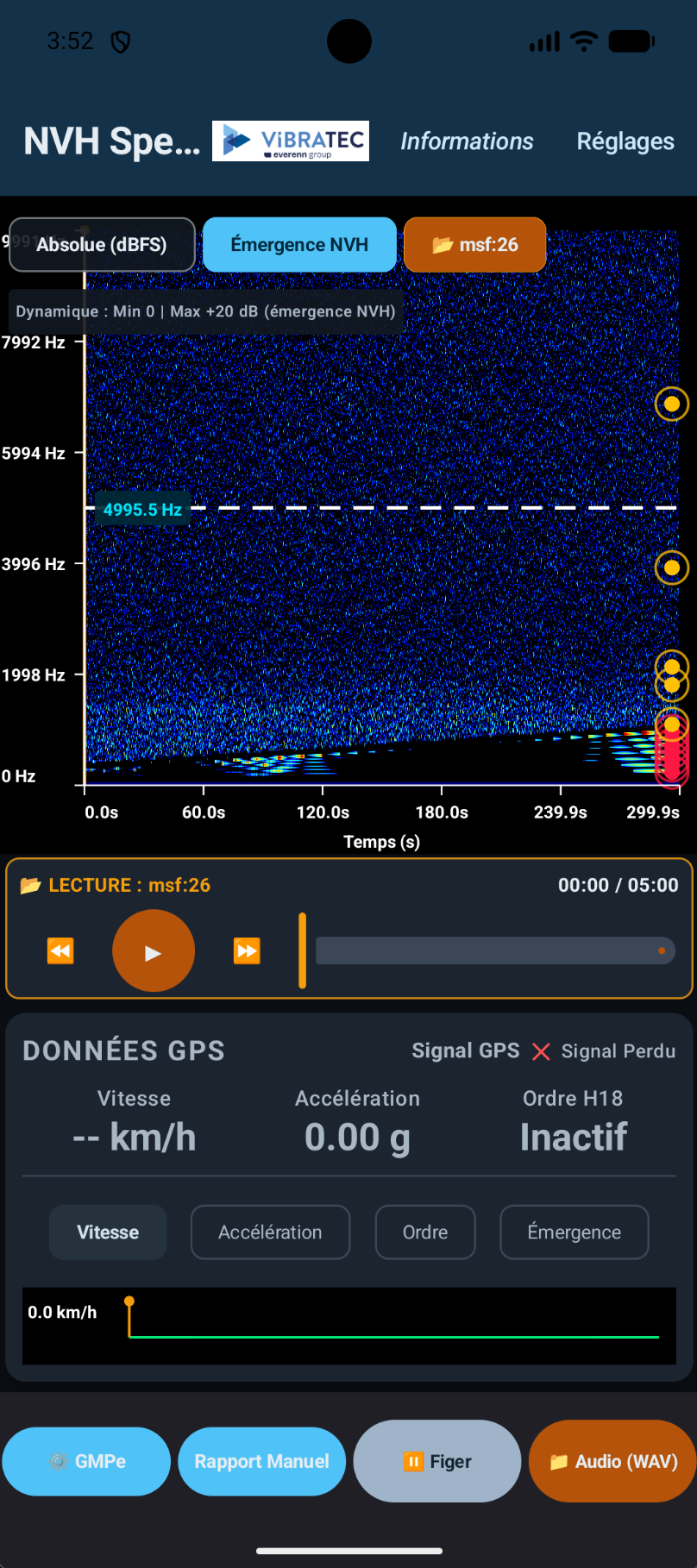 Capture d'écran NVH Spectro : spectrogramme, lecture WAV, données GPS et suivi d'ordre H18