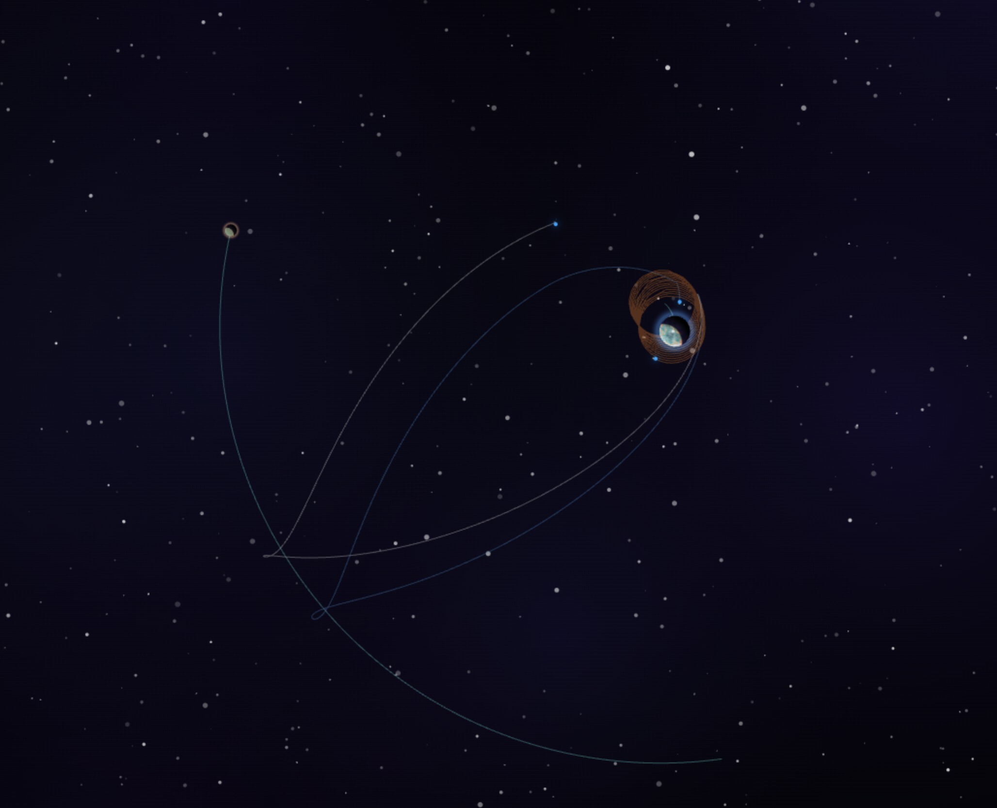 Capture d'écran de la simulation Nebula Orbit montrant la trajectoire complète d'Artemis 2 : orbite basse, transfert trans-lunaire, survol de la Lune et retour libre vers la Terre.