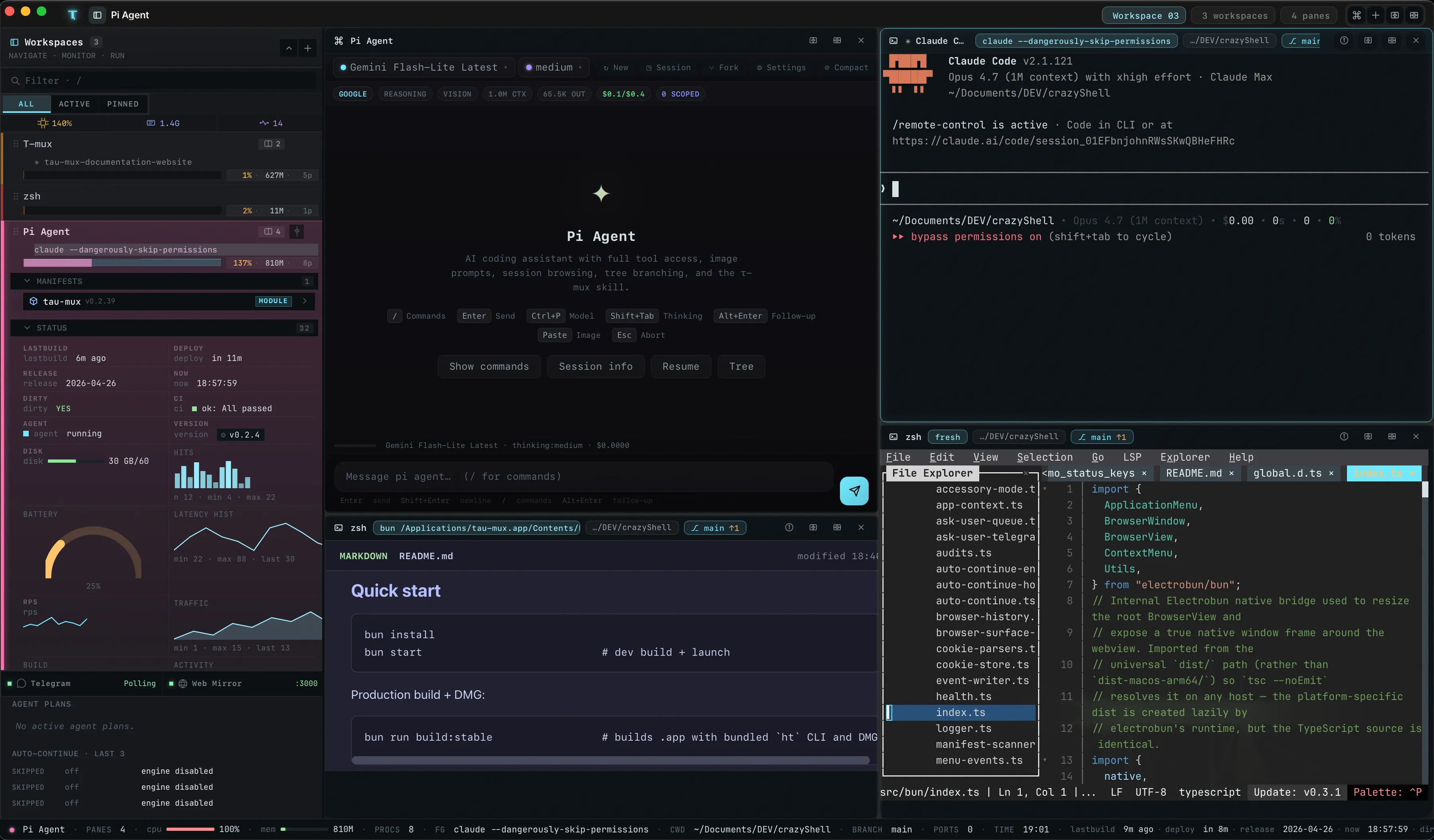 τ-mux running with a Pi Agent pane, Claude Code split, agent plan panel in the sidebar, file tree, and live status keys at the bottom.